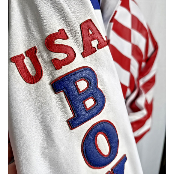 Vintage USA Boxing Leather Bomber Jacket Men's Size L Red White Blue Ringside KS - Picture 3 of 14